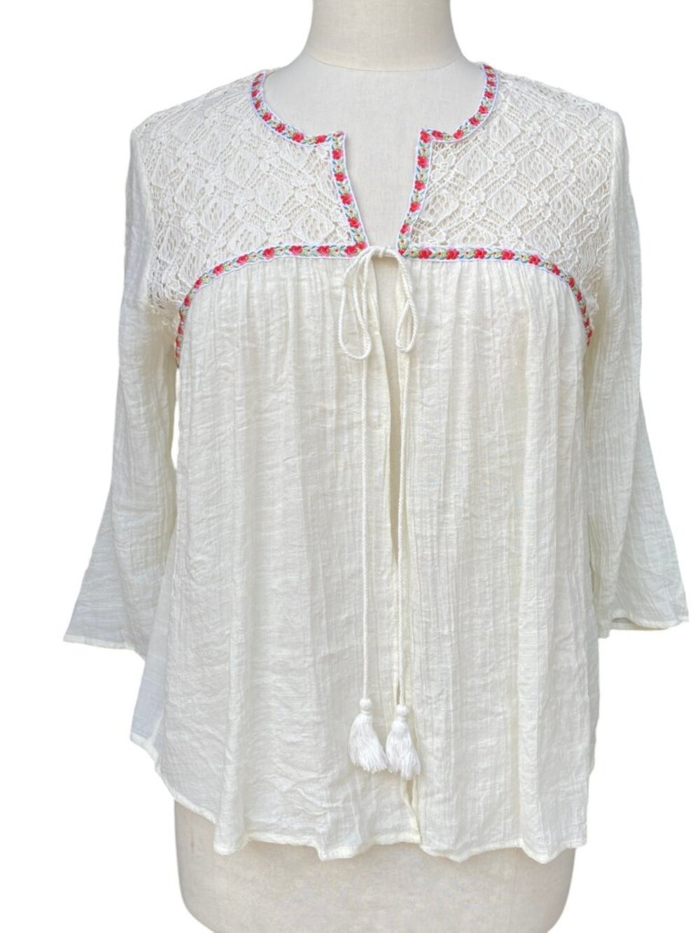 NOBO White Gauze Lace Crochet Embroidered Tie Front Top Boho Peasant Coquette-M